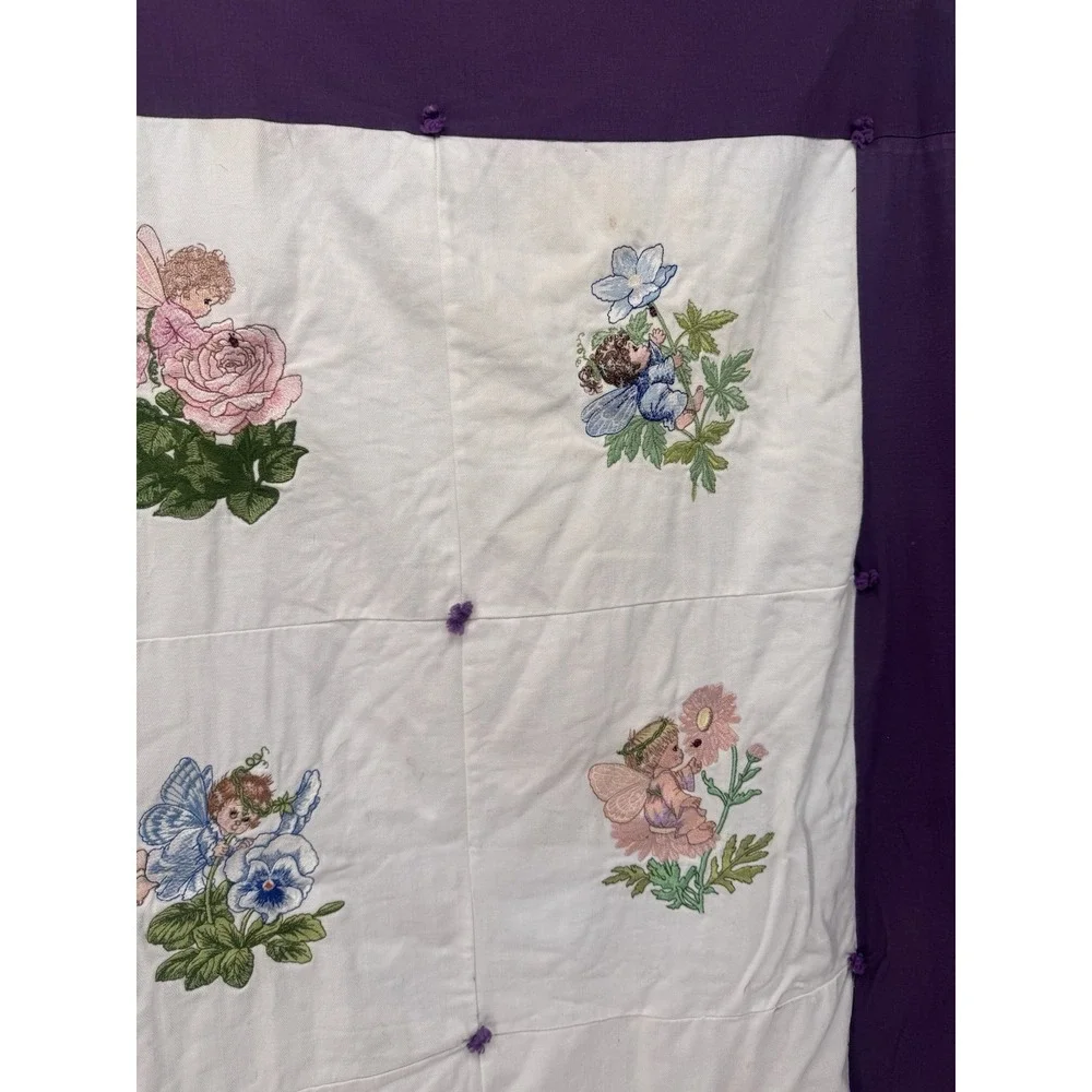 Vintage Handmade Fairy Quilt Embroidered Flower Baby Blanket Purple Cottagecore